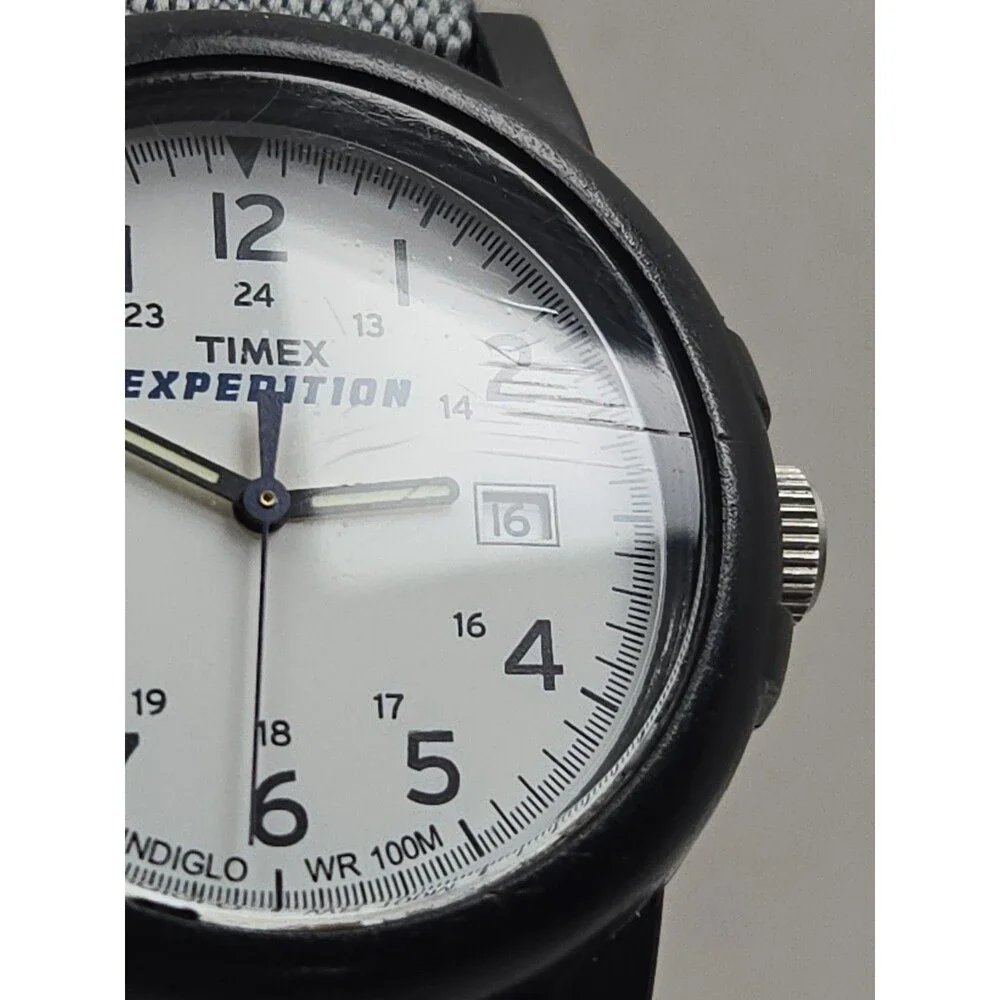 Timex Expedition Camper 38mm White Dial Indiglo Date 100M Mens Watch New Battery